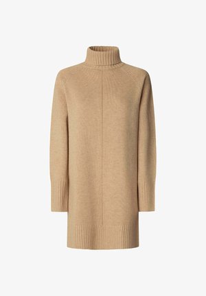 Maglione a collo alto di colore marrone chiaro, realizzato in tessuto lavorato a maglia, con polsini e orlo a coste, caratterizzato da una vestibilità comoda e maniche lunghe.