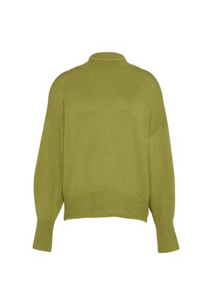 Pull en maille vert surdimensionné avec un col montant, des épaules tombantes et des manches larges ; fabriqué dans un tissu doux et texturé.