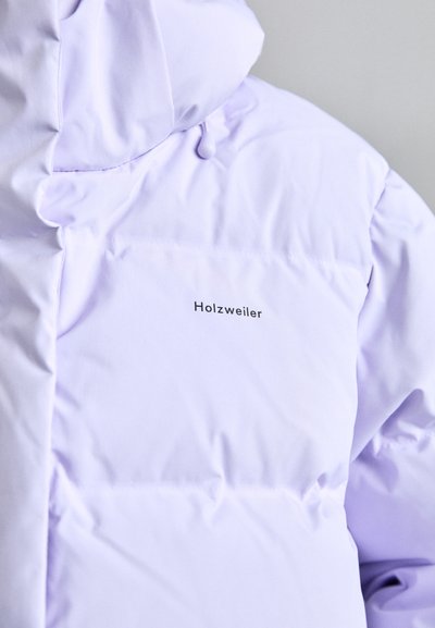 Lilac puffer jacket with a smooth, slightly glossy fabric. Features a hood, zip closure, and a small printed logo on the chest.