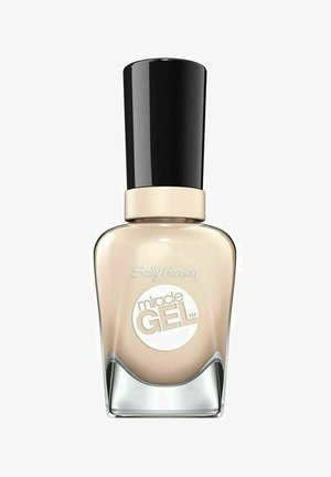 Sally Hansen Miracle Gel kynsilakka beige sävyssä, kirkkaassa lasipullossa mustalla kannella ja hopeisilla yksityiskohdilla.