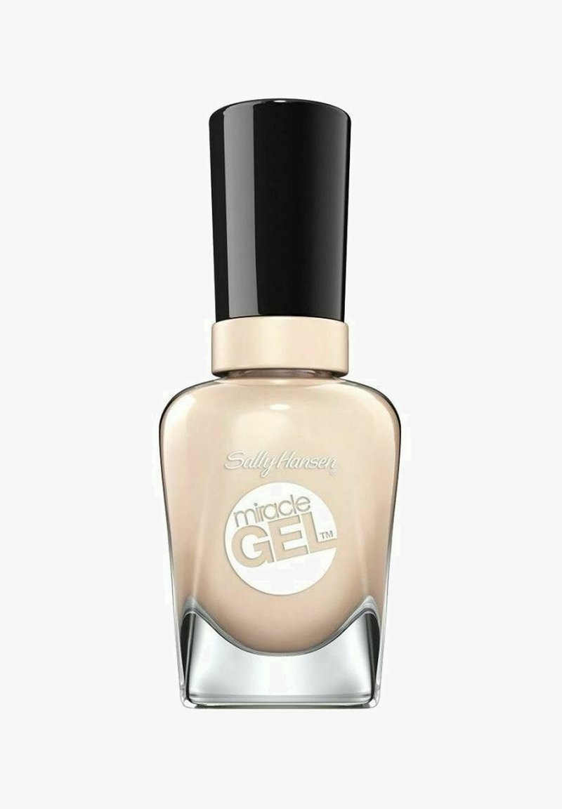 Sally Hansen Miracle Gel kynsilakka beige sävyssä, kirkkaassa lasipullossa mustalla kannella ja hopeisilla yksityiskohdilla.