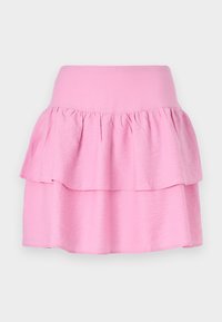 Rosa lagdelte skjørt med bred elastisk midje og to horisontale volanger. Laget av mykt, lett stoff. Glatt tekstur uten mønstre.