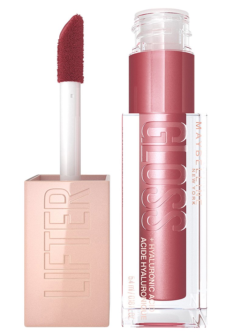 Maybelline Lifter Gloss in a cylindrical clear tube and pink cap. The applicator has a soft, red flocked tip for smooth application.