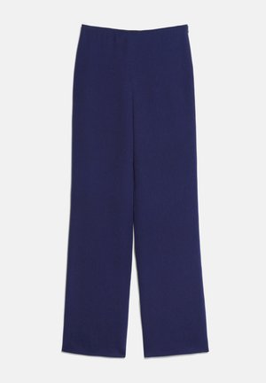 Marineblaue weite Hose mit hoher Taille und glattem Stoff, flach auf weißem Hintergrund dargestellt.