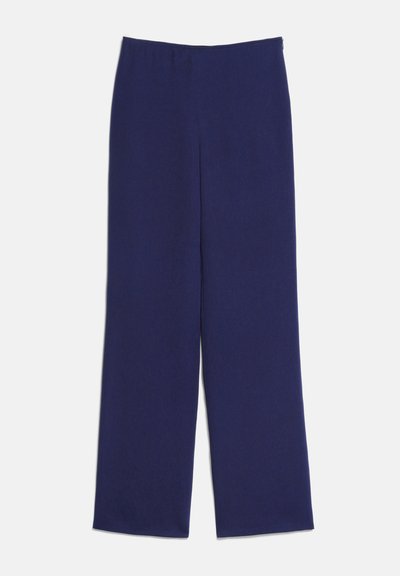 Pantalon bleu marine à jambes larges avec une taille haute et un tissu lisse, présenté à plat sur un fond blanc.