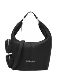 Borsa a mano in pelle nera con forma arrotondata, manico imbottito e tasche laterali con cerniera. Presenta un logo sul davanti in lettere argento.