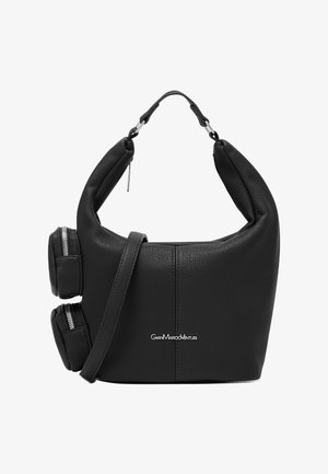 Borsa a mano in pelle nera con forma arrotondata, manico imbottito e tasche laterali con cerniera. Presenta un logo sul davanti in lettere argento.