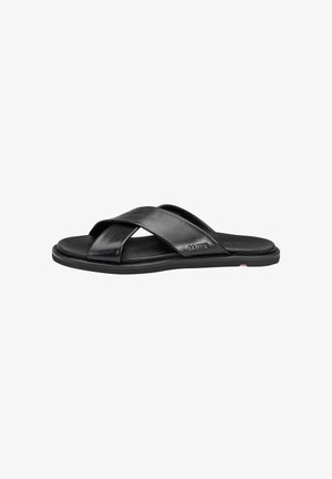 Black leather slide sandals with crisscross strap design, flat rubber sole, and minimalist accents. Smooth texture and sleek finish.