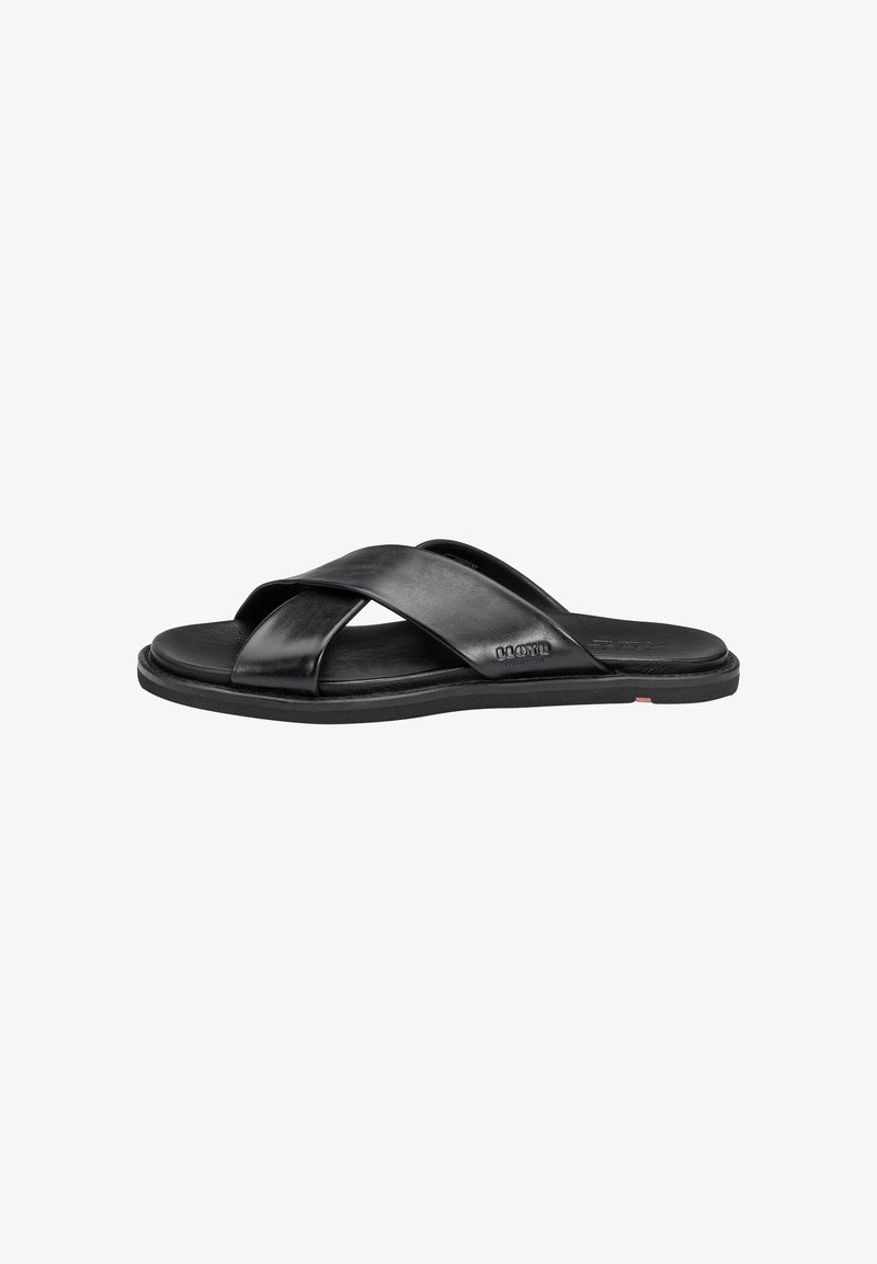 Zwarte leren slipper sandalen met een kruislings design van banden, platte rubberen zool en minimalistische accenten. Gladde textuur en elegante afwerking.