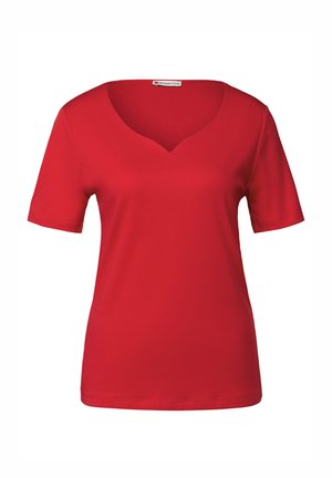Rode t-shirt met korte mouwen en een v-halsontwerp, gemaakt van zachte stof, met een gladde textuur en een normale pasvorm.