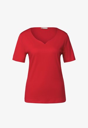 Rode t-shirt met korte mouwen en een v-halsontwerp, gemaakt van zachte stof, met een gladde textuur en een normale pasvorm.