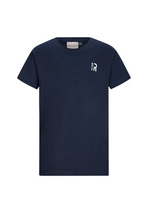 Marineblauw T-shirt met korte mouwen, ronde hals en een klein wit "RETOUR" logo op de bovenste linkerborst.