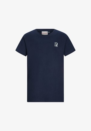Marineblaues T-Shirt mit kurzen Ärmeln, Rundhalsausschnitt und kleinem weißen "RETOUR"-Logo auf der oberen linken Brust.
