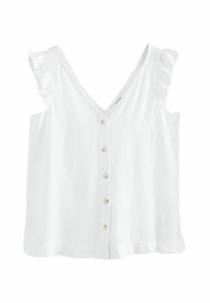 Hvid ærmeløs bluse med flæser på skuldrene og knaplukning foran i midten.