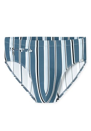 Striped swim briefs in blue, light blue, and white. Features a zippered pocket, smooth fabric, and elastic waistband.
