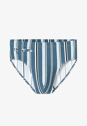 Striped swim briefs in blue, light blue, and white. Features a zippered pocket, smooth fabric, and elastic waistband.