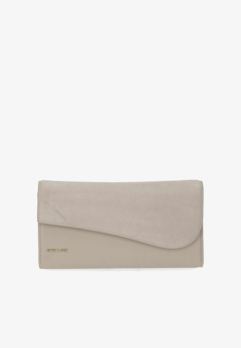 Porte-monnaie clutch beige avec une texture en suède, un fond lisse, un rabat et une marque discrète à l'avant.