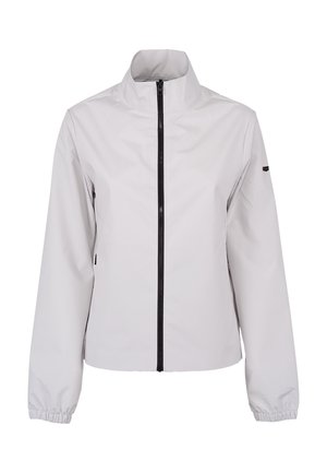 Giacca grigia chiaro con cerniera, collo alto, polsini elasticizzati e maniche lunghe, mostrata su sfondo bianco.