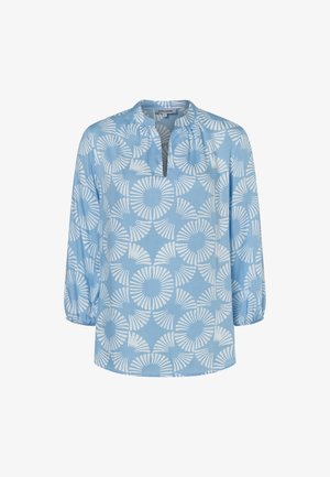 Light blue blouse with a loose fit, featuring a white circular pattern, 3/4 sleeves with elastic cuffs, and a small notch neckline.