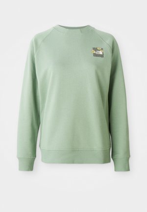 Grønn hettegenser med rund hals, ribbestrikkede ermer og nederkant. Har et lite blomstergrafikk i øvre venstre brystområde. Glatt tekstur.