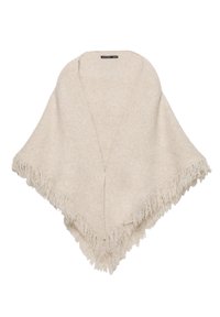 Vaaleanbeige poncho, joka on valmistettu pehmeästä materiaalista ja jossa on V-muotoinen kaula-aukko sekä hapsuilla viimeistellyt reunat, jotka tuovat tekstuuria ja yksityiskohtia.