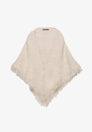 Lys beige poncho lavet af blødt materiale, med V-formet udskæring og frynsede kanter for tekstur og detaljer.