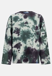Long-sleeve tie-dye shirt in light green with dark green and purple patterns; made of soft fabric; features a crew neckline and relaxed fit.