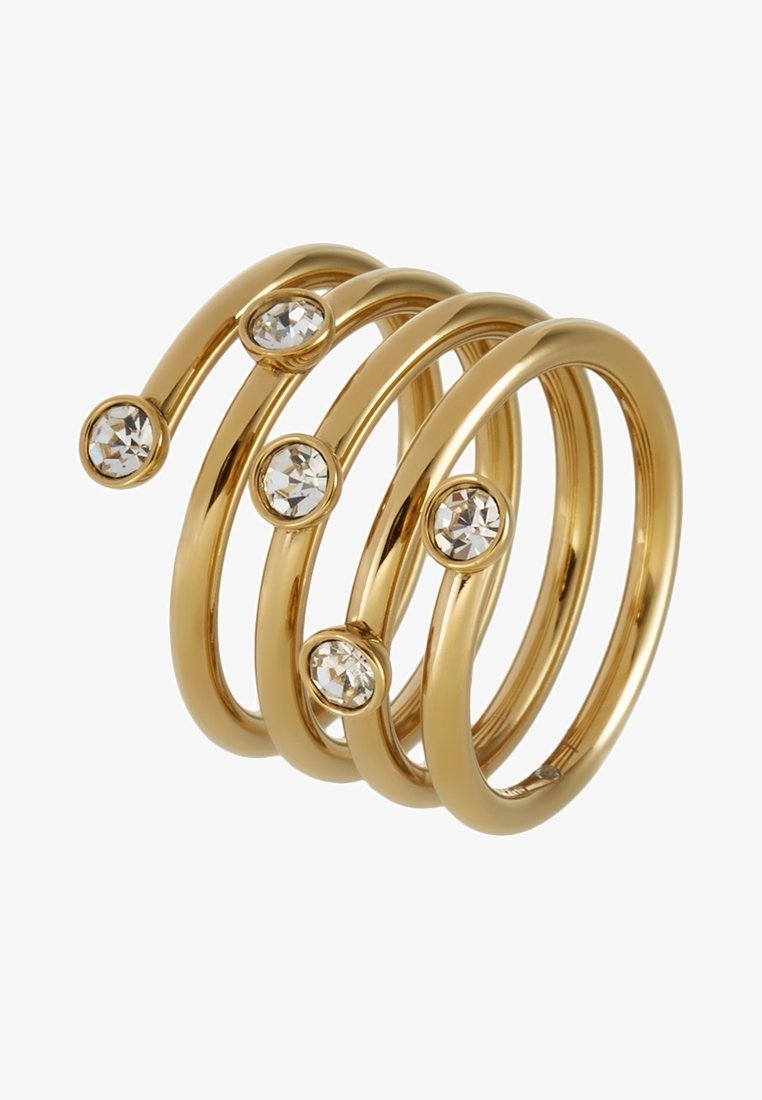 Bague spirale en or avec cinq pierres précieuses rondes claires, espacées uniformément le long du bracelet, sur fond blanc.