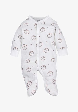 Une combinaison blanche avec un motif de pommes marron, à manches longues, fermetures à pression et design avec pieds. Fabriquée en doux tissu en coton.