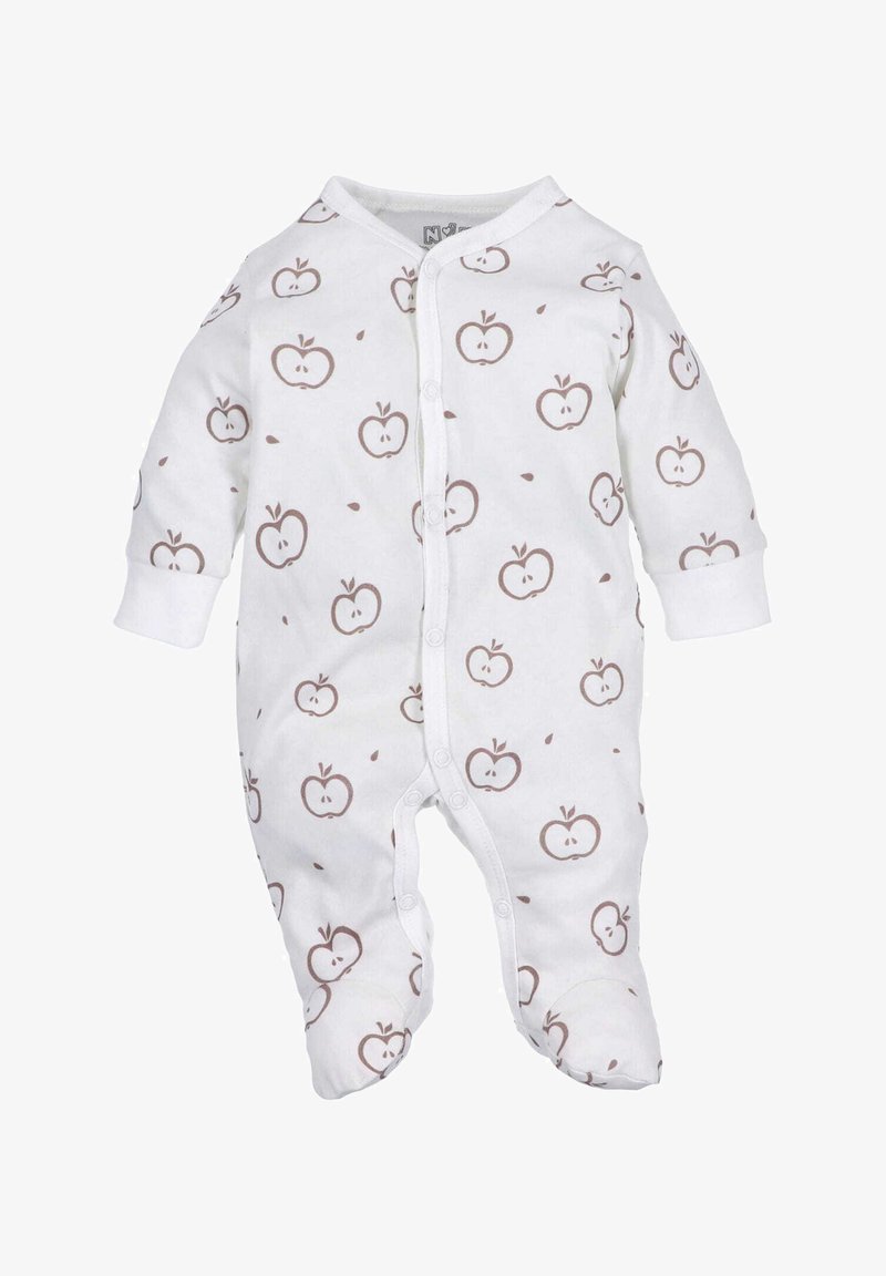 Biała jednoczęściowa piżama z brązowym wzorem jabłek, długie rękawy, zapięcia na zatrzaski oraz stopki. Wykonana z miękkiej bawełny.