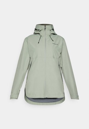 Lichtgroene waterdichte jas met een capuchon, ritssluiting, verstelbare trekkoorden en zijzakken. Heeft een langere achterkant.