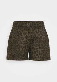 Leopard print shorts in olive green featuring a structured waistband, a single front button, and a polished texture.
