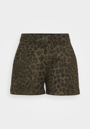 Olijfgroene leopardprint shorts met een gestructureerde tailleband, een enkele fronknop en een glanzende textuur.