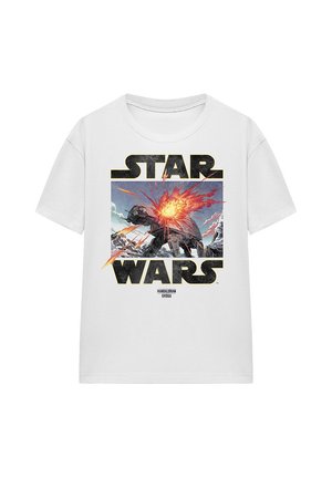 White short-sleeve t-shirt with a Star Wars graphic showing an exploding AT-AT walker and a snowy mountain background.