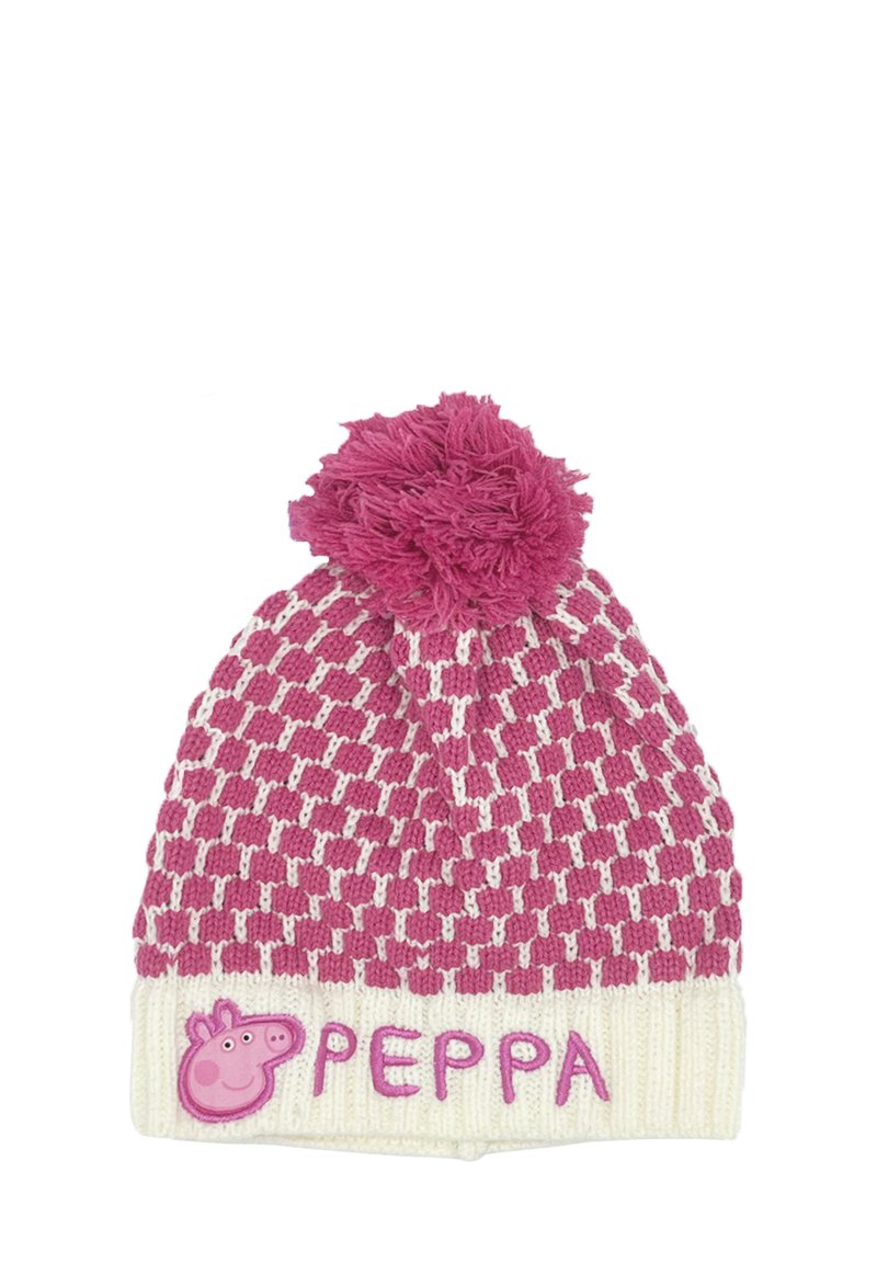 Pink and white knitted beanie with a pom-pom, featuring a grid pattern and "PEPPA" text, with a cartoon character outline on the front.