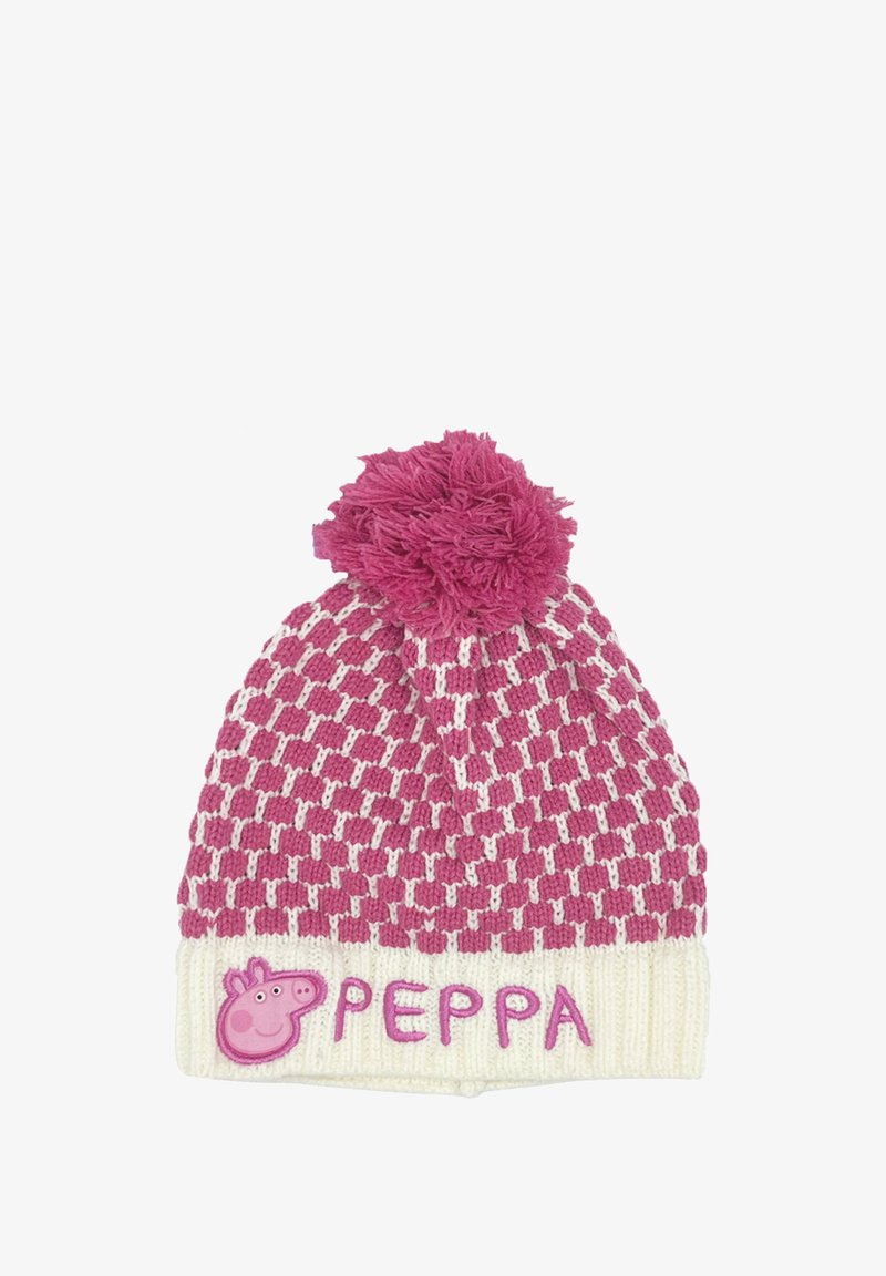 Pink and white knitted beanie with a pom-pom, featuring a grid pattern and "PEPPA" text, with a cartoon character outline on the front.