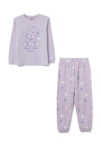Purple pajama set with a long-sleeve top featuring a bear graphic and text, and pants adorned with pastel star patterns in pink, blue, and white.
