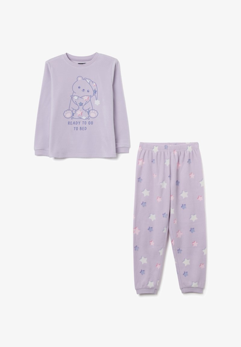 Purple pajama set with a long-sleeve top featuring a bear graphic and text, and pants adorned with pastel star patterns in pink, blue, and white.