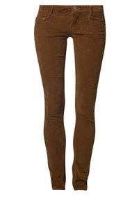Bruine corduroy skinny broek met een gladde textuur, voorzien van steekzakken aan de voorkant en een enkele knoopsluiting in de taille.