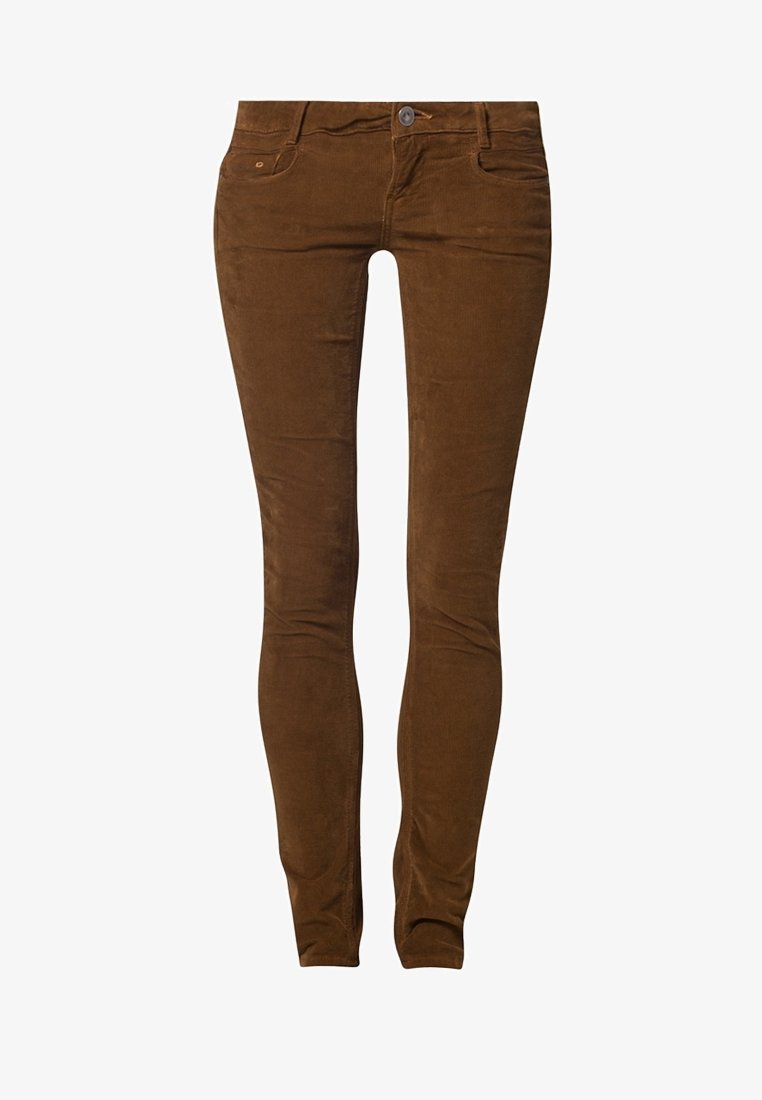 Bruine corduroy skinny broek met een gladde textuur, voorzien van steekzakken aan de voorkant en een enkele knoopsluiting in de taille.