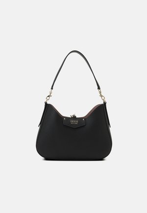 Borsa in pelle nera a forma di ciottolo con una silhouette curva, hardware dorato e un accento del logo del marchio. Presenta un manico singolo per il trasporto.