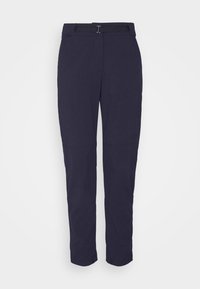 Mörkblå byxor med ett slätt, lätt tyg. Har en platt midja med bälte och tapered ben. Inga synliga mönster eller accenter.