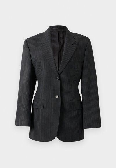 Meeste must pinstripe bleiser, kahe nööbiga sulgemine, sälkidega krae, eesmine taskud, täielikult vooderdatud sisemus, valmistatud villasegu kangast.