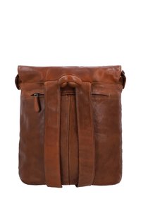 Borsa in pelle marrone con alette pieghevoli, due tasche verticali con zip e una larga tracolla. Texture liscia con dettagli di cucitura visibili.