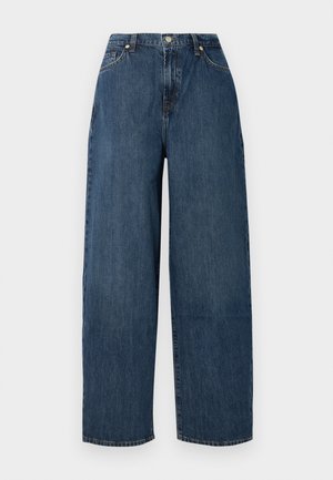 Jeans din denim cu picior larg, de culoare albastru închis. Fabricate din bumbac rezistent, cu o textură netedă. Prezintă închidere cu buton și un design clasic cu cinci buzunare.