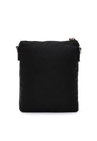 Borsa a tracolla nera in nylon con forma rettangolare, chiusura a zip e attacchi laterali per la tracolla. Texture liscia, design minimalista.