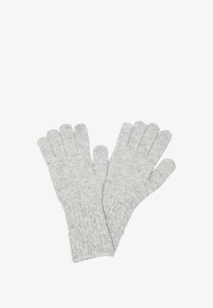Grau gestrickte Handschuhe mit einem gerippten Bund und strukturiertem Muster, mit fünf separaten Fingerfächern für eine passgenaue Form.
