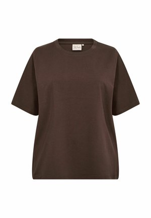 Brązowa krótki rękaw koszulka wykonana z miękkiej bawełny. Posiada okrągły dekolt i luźny krój. Gładka faktura bez widocznych wzorów czy akcentów.