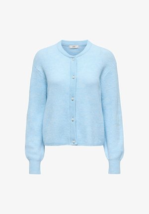 Cardigan bleu clair avec texture côtelée, encolure ronde et cinq boutons en forme de perle sur le devant. Manches longues avec des poignets ajustés.