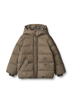Veste d'hiver matelassée taupe avec capuche, poches avant, fermeture à boutons-pression et poignets côtelés, présentée sur fond blanc.